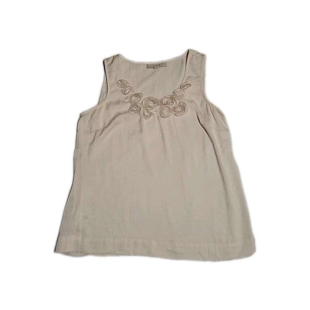 LOFT Sz Medium Applique Embellished Roses Silk/cotton Sleeveless Ivory Tank